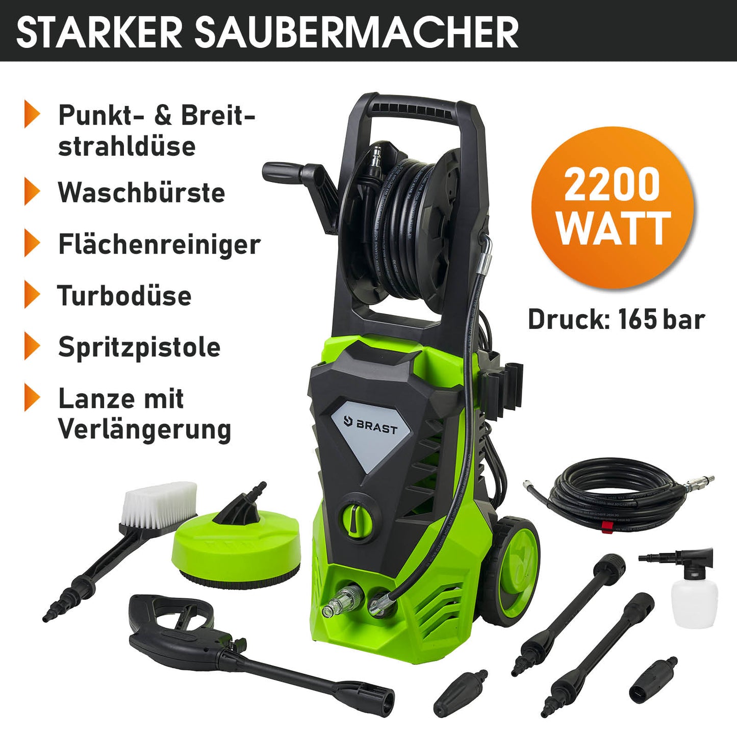 Grüner BRAST Hochdruckreiniger 2200 Watt mit Schlauch, Spritzpistole, Bürste und verschiedenen Düsen.