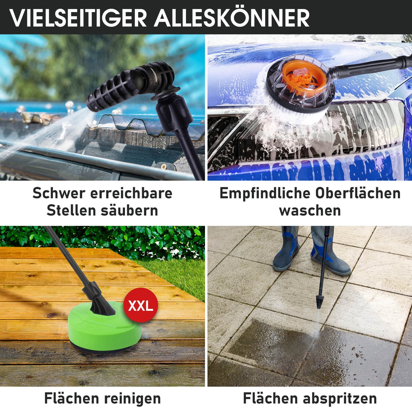 Hochdruckreiniger mit verschiedenen Aufsätzen zum Reinigen schwer zugänglicher Stellen, empfindlicher Oberflächen, großer.