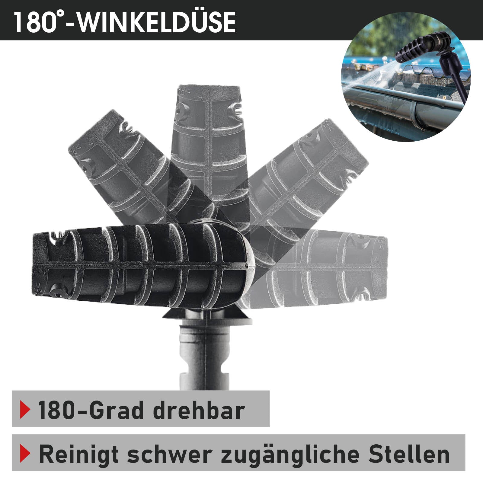 Schwarze 180-Grad-Winkeldüse für Hochdruckreiniger, drehbar für schwierige Stellen.