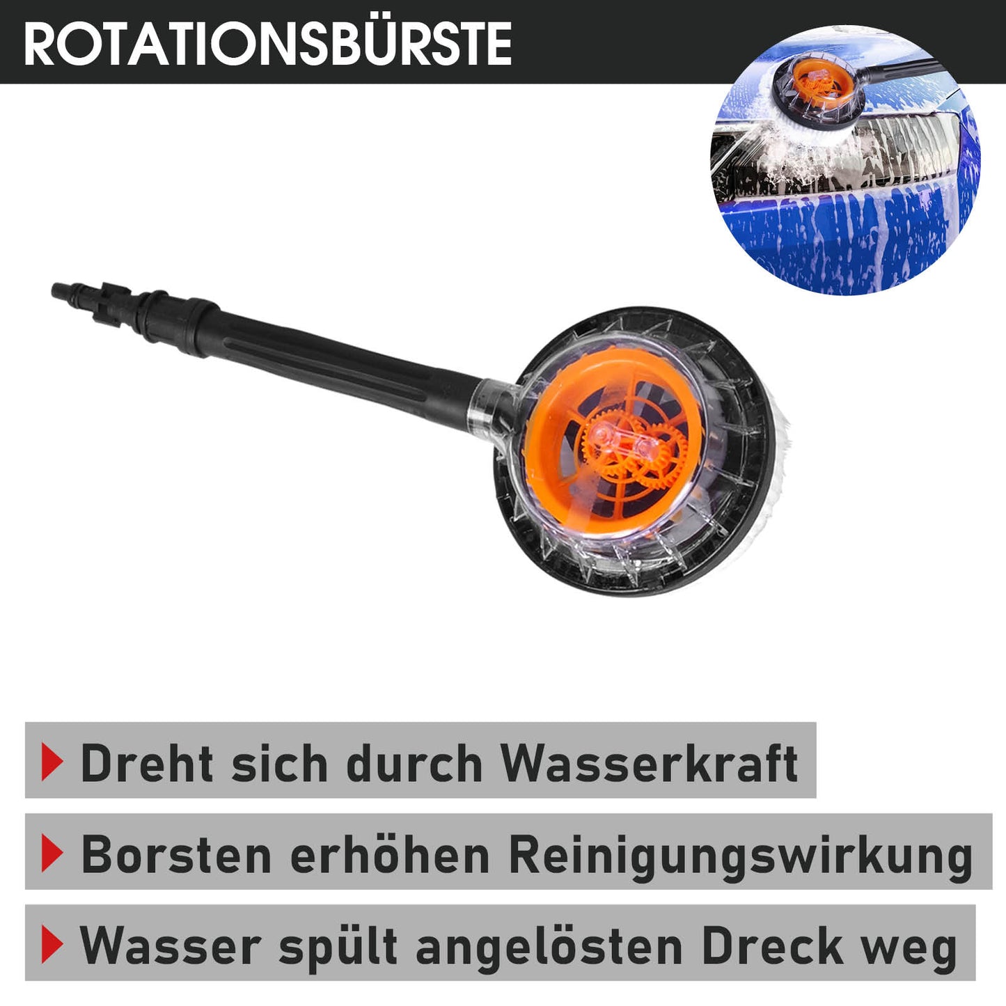 Hochdruckreiniger-Rotationsbürste mit orangefarbenem Mittelteil und schwarzen Borsten, spritzendes Wasser sichtbar.