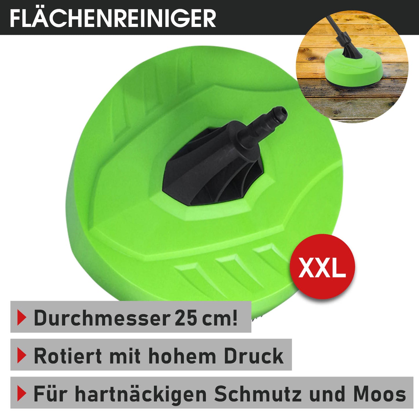 Grüner XXL Flächenreiniger-Aufsatz mit 25 cm Durchmesser für Hochdruckreiniger, rotierende Düse.