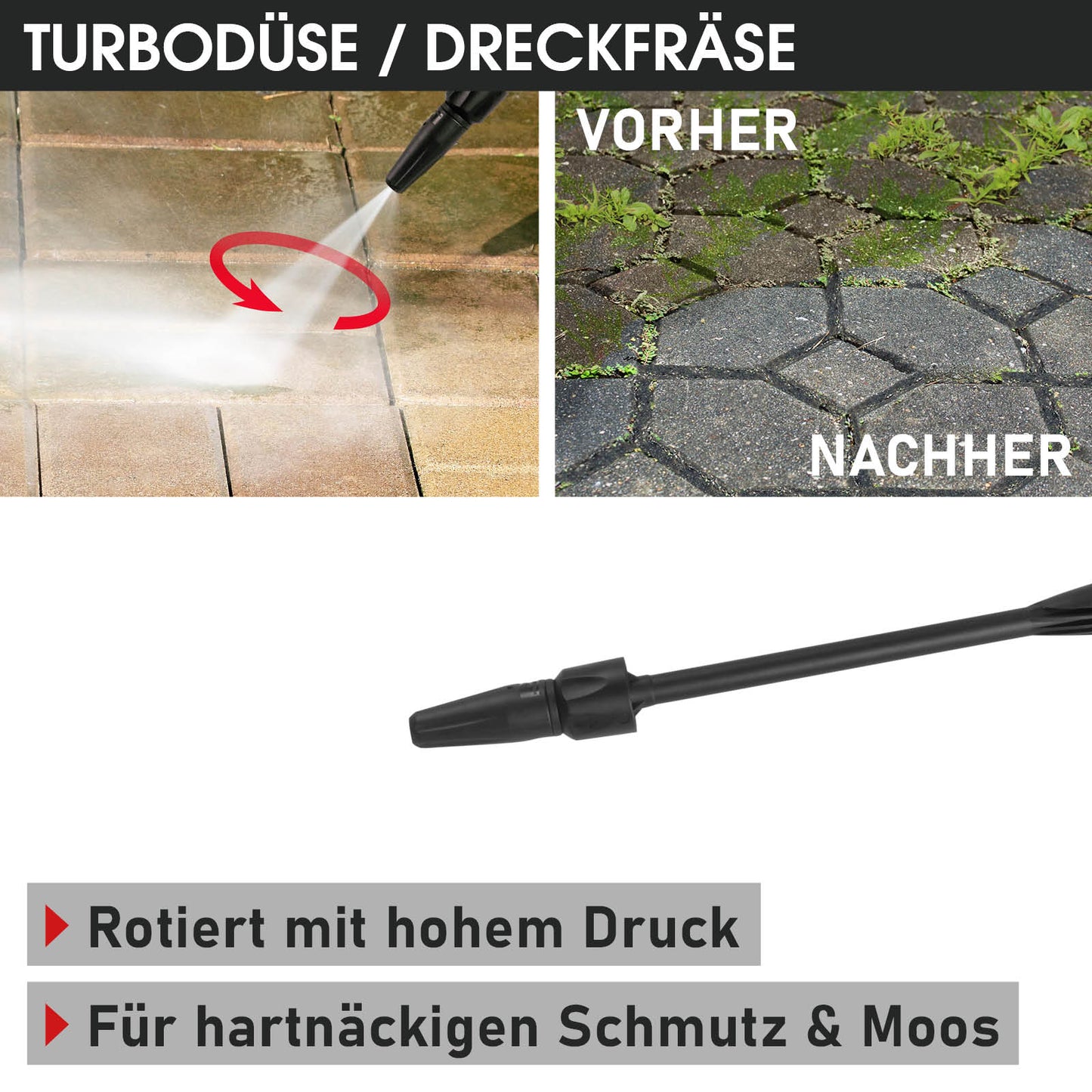 Hochdruckreiniger-Turbodüse mit rotierender Wasserstrahlspitze zur Entfernung von Moos und Schmutz auf Pflastersteinen,.