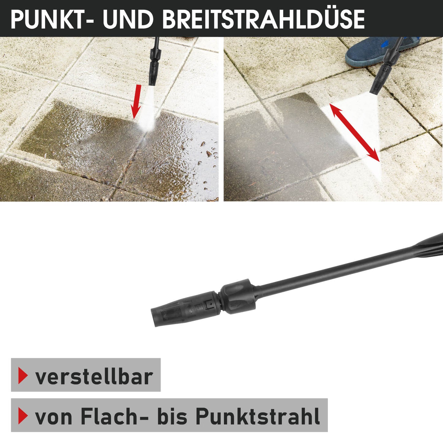 Verstellbare Hochdruckreiniger-Düse mit Punkt- und Breitstrahlfunktion zum Reinigen von Fliesen.