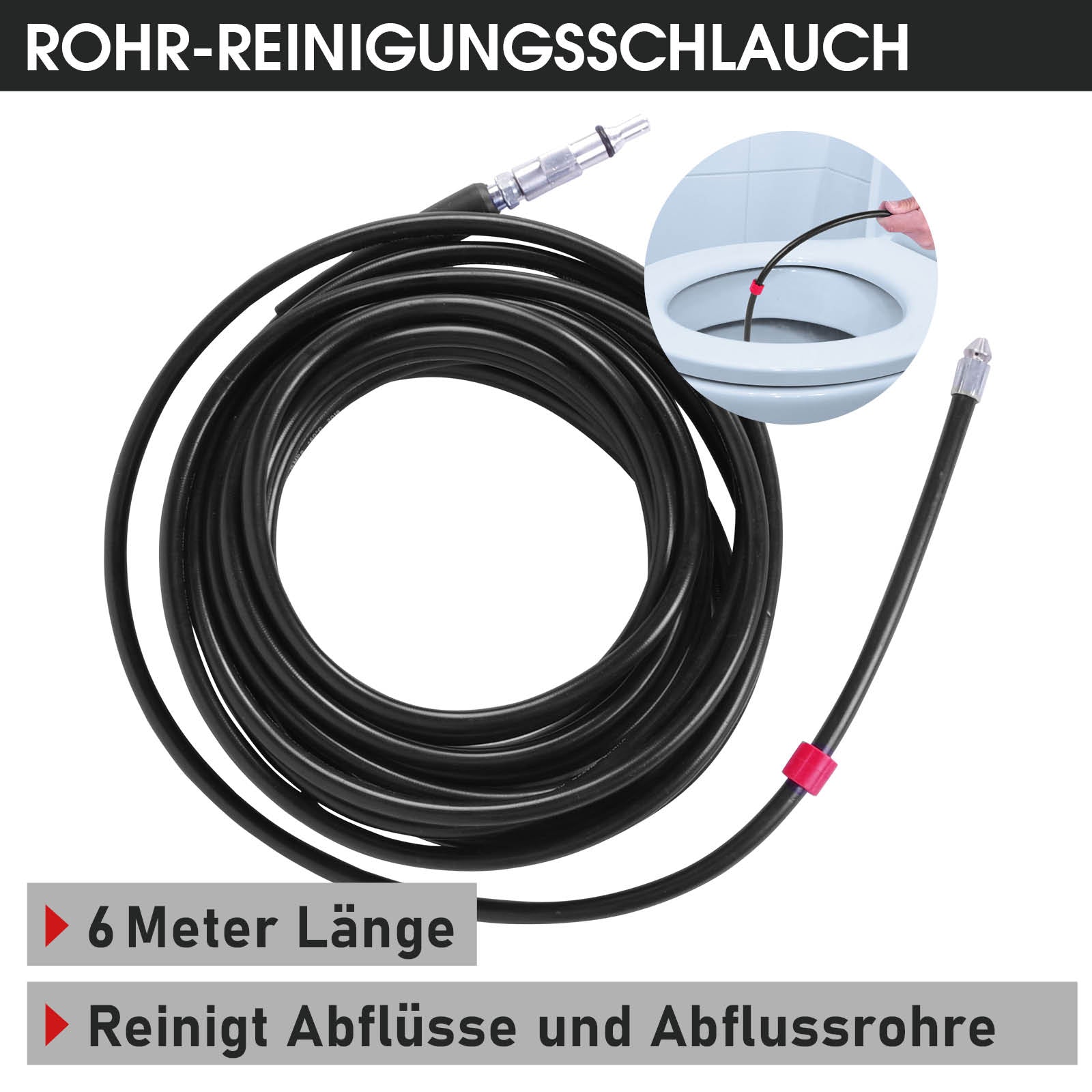 Schwarzer 6 Meter langer Rohr-Reinigungsschlauch mit rotem Griff für Abflussrohre.