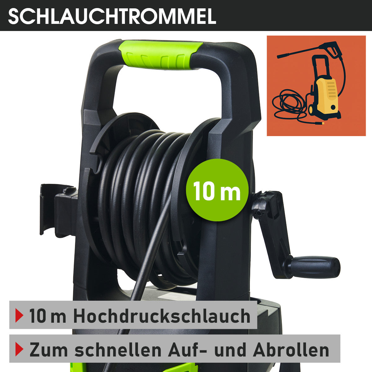 Schlauchaufroller mit 10 m schwarzem Hochdruckschlauch und grünem Griff, kompakt und langlebig.
