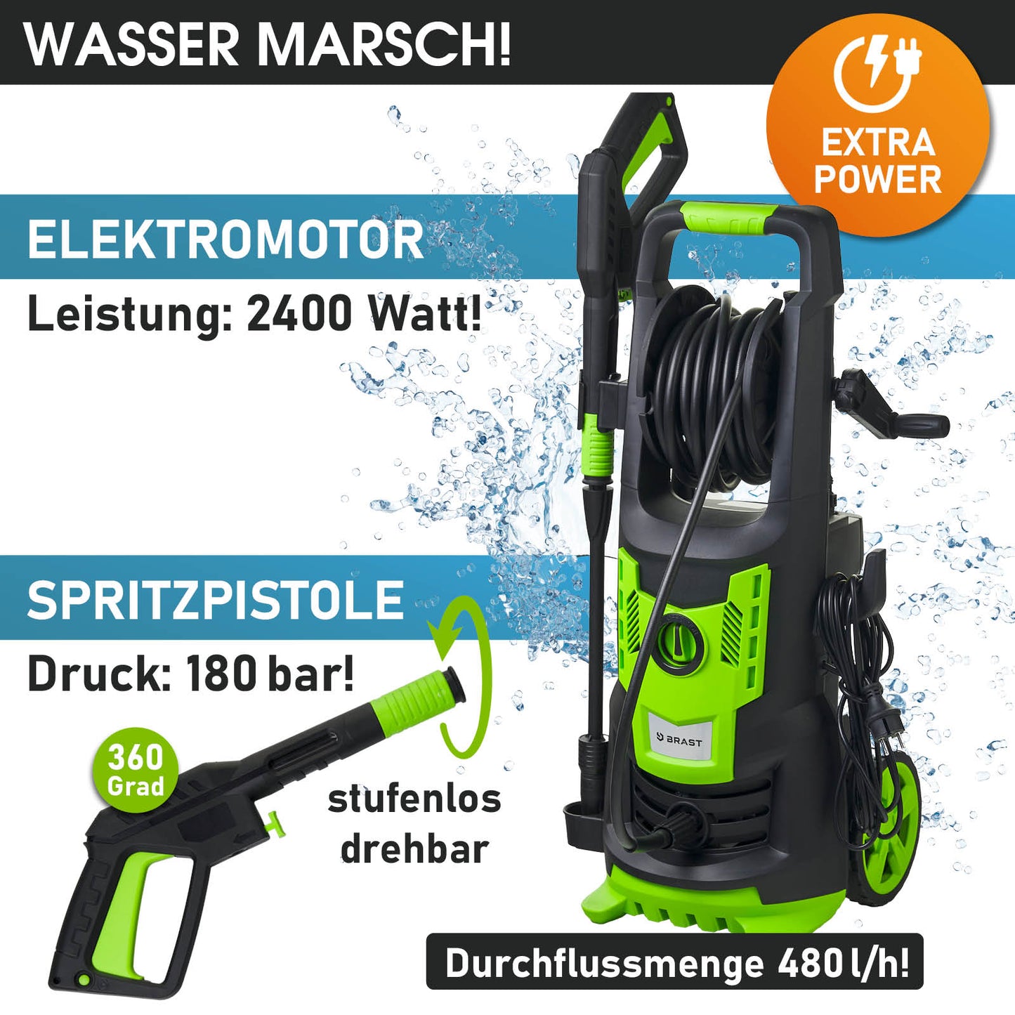 Grüner BRAST Hochdruckreiniger 2400 PRO mit schwarzem Schlauch und 360-Grad-drehbarer Spritzpistole.