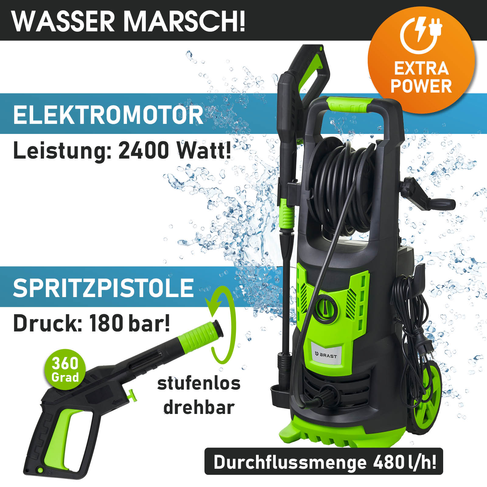 Grüner BRAST Hochdruckreiniger 2400 PRO mit schwarzem Schlauch und 360-Grad-drehbarer Spritzpistole.