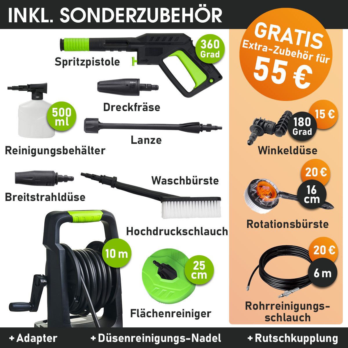 Braun-schwarzer Hochdruckreiniger mit integriertem Schlauch, Spritzpistole und mehreren Aufsätzen auf weißem Hintergrund.