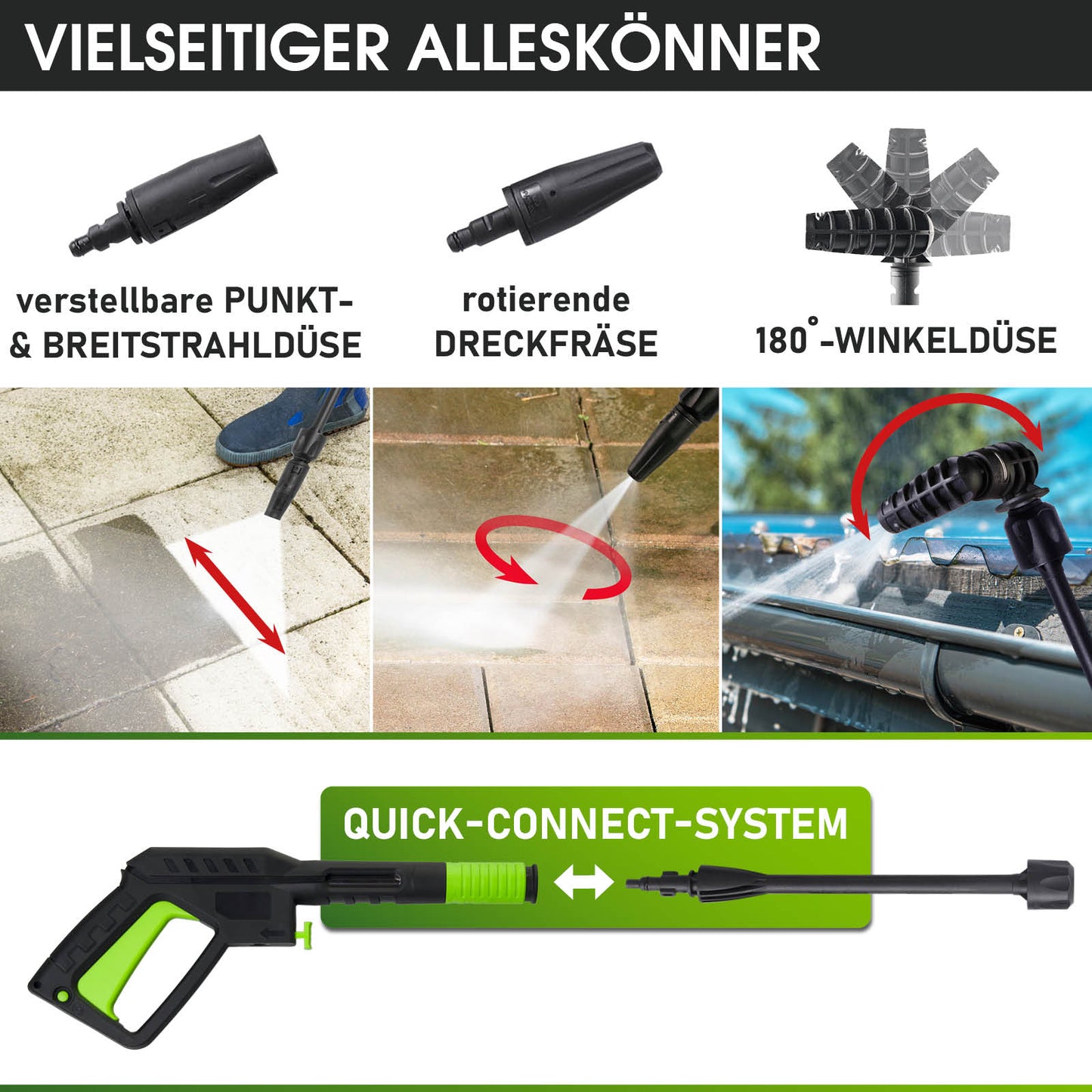 Grün-schwarzer Hochdruckreiniger mit Quick-Connect-System und drei Düsenaufsätzen für verschiedene Reinigungswinkel.