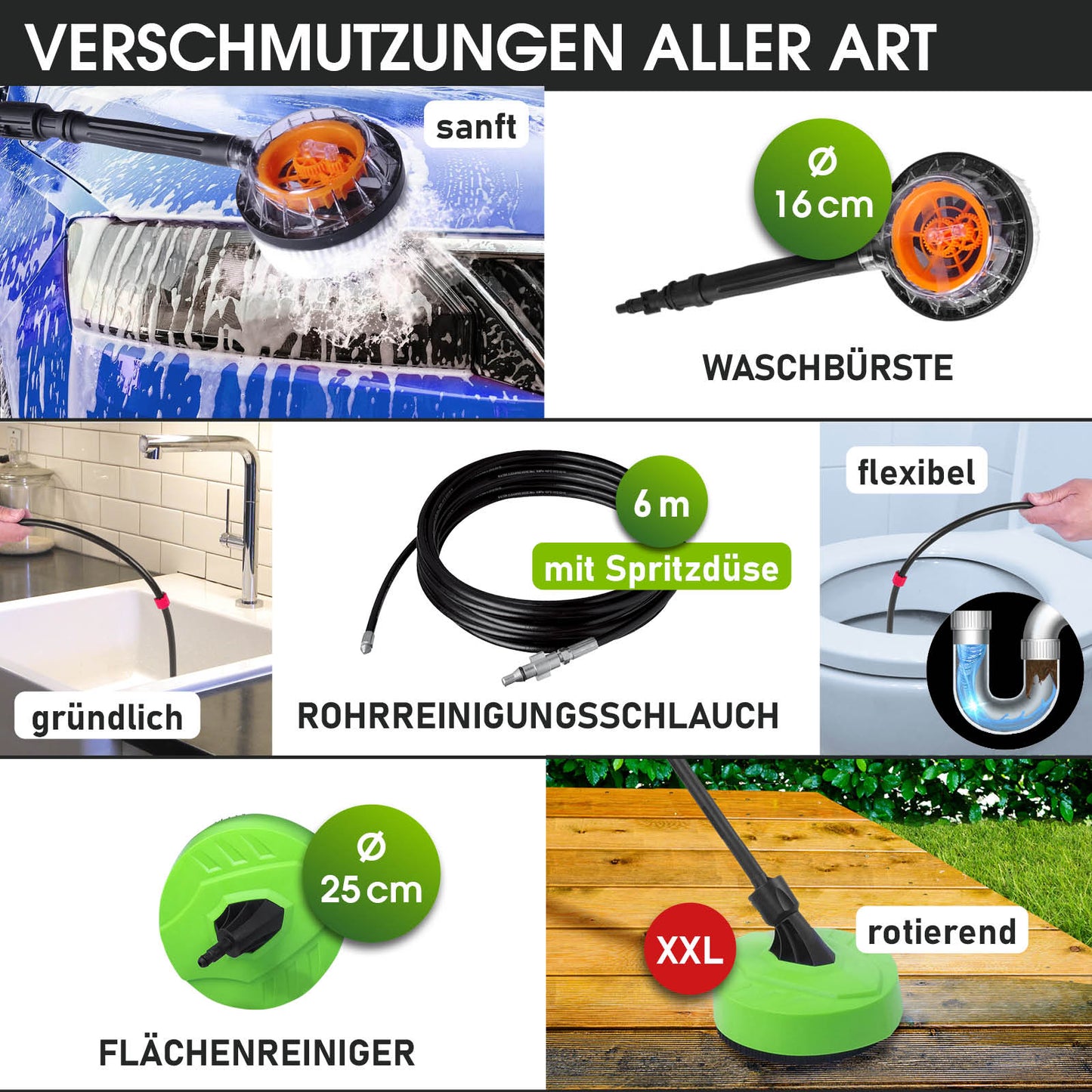 Hochdruckreiniger-Set mit 16 cm Waschbürste, 6 m Rohrreinigungsschlauch und 25 cm rotierendem Flächenreiniger.
