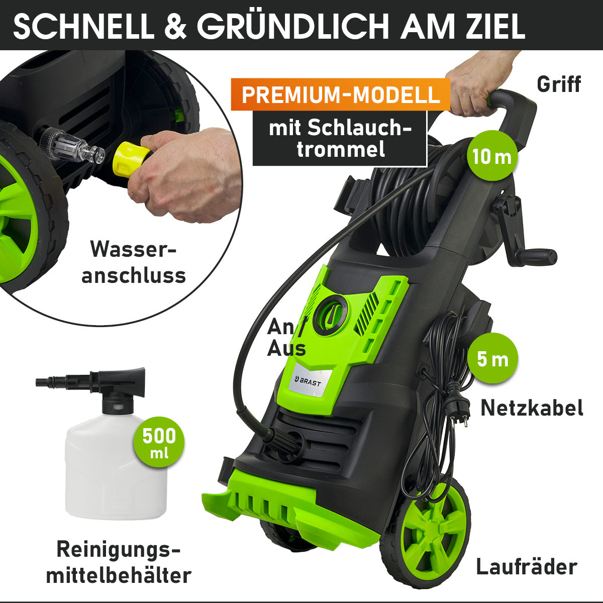 Schwarzer und grüner Hochdruckreiniger mit Schlauchtrommel, Wasseranschluss und Laufrädern.