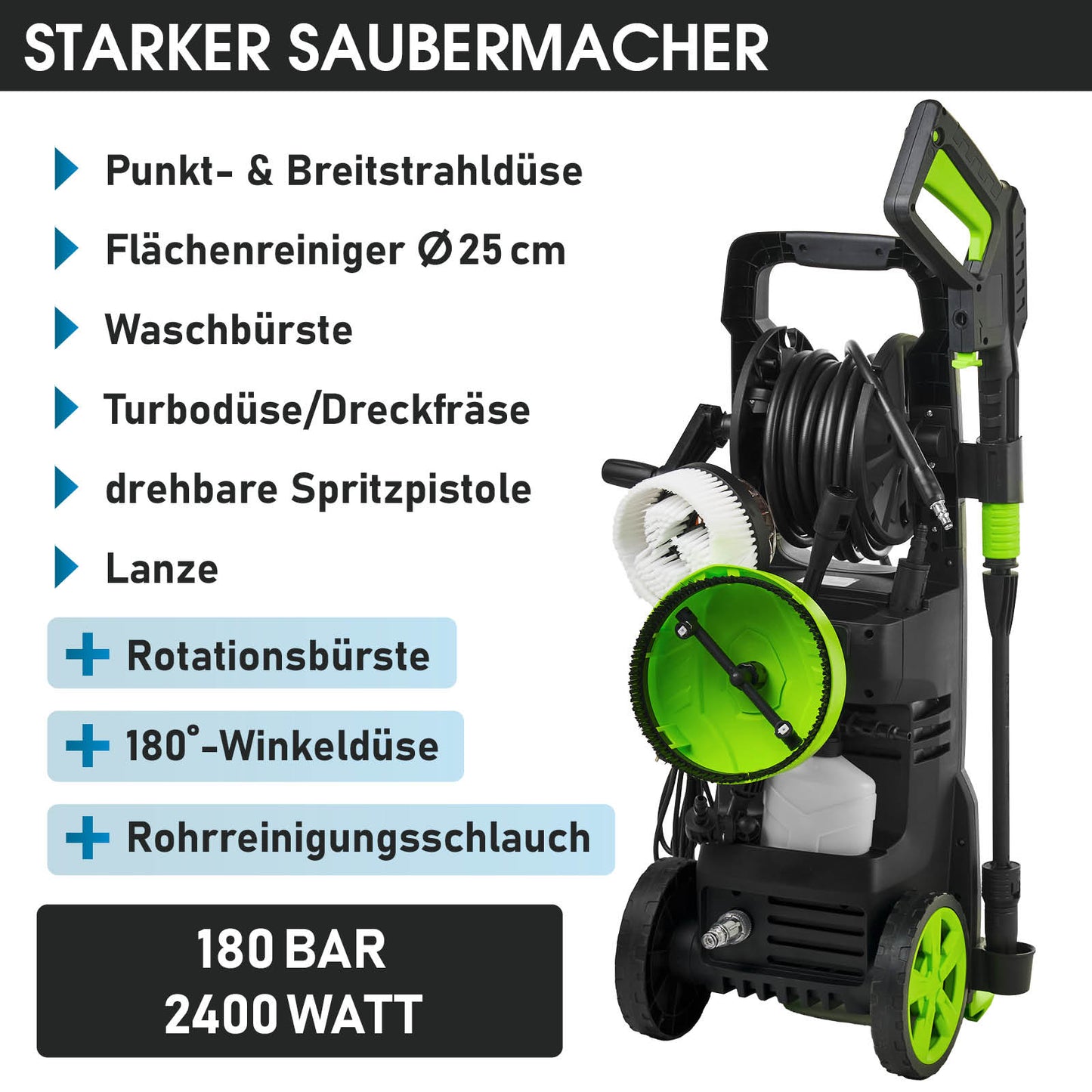 Schwarzer und grüner Hochdruckreiniger mit 2400 Watt, Schlauchrolle und vielseitigem Zubehör.
