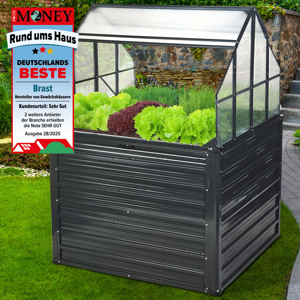 Schwarzes Hochbeet aus Metall mit transparentem Gewächshaus-Aufsatz mit Belüftungsluke und frischem grünem Salat.
