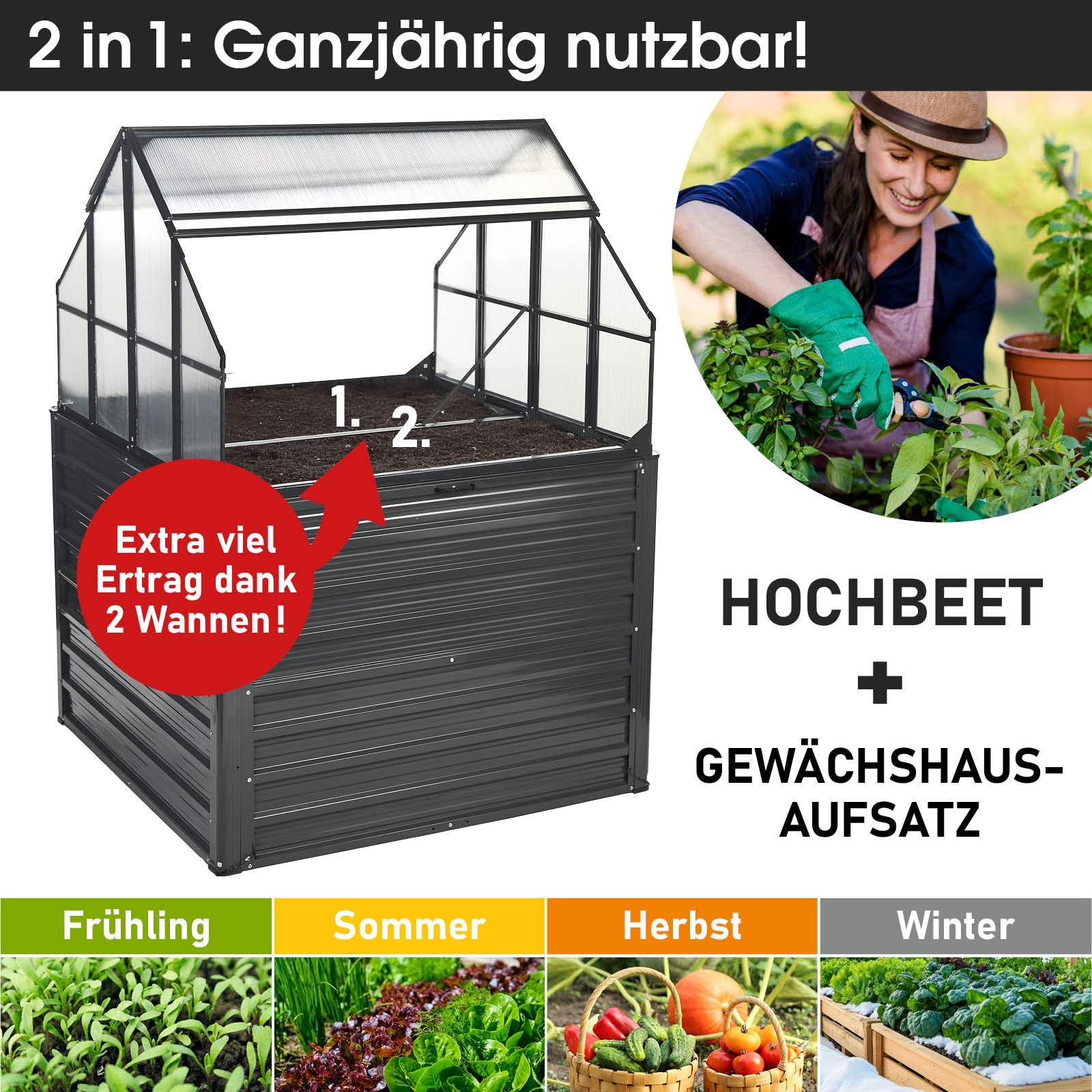 Begehbares Aluminium Gewächshaus Treibhaus mit Hochbeet und stabilem Fundament, windsicher für Garten.