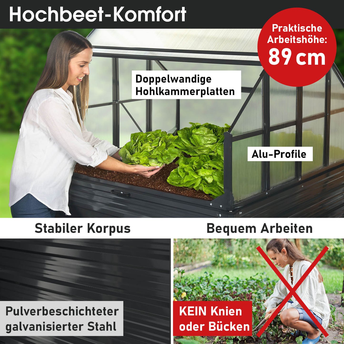 Aluminium Gewächshaus Treibhaus mit Hochbeet und Gewächshaus-Aufsatz, begehbares Gewächshaus für Garten mit stabilem.