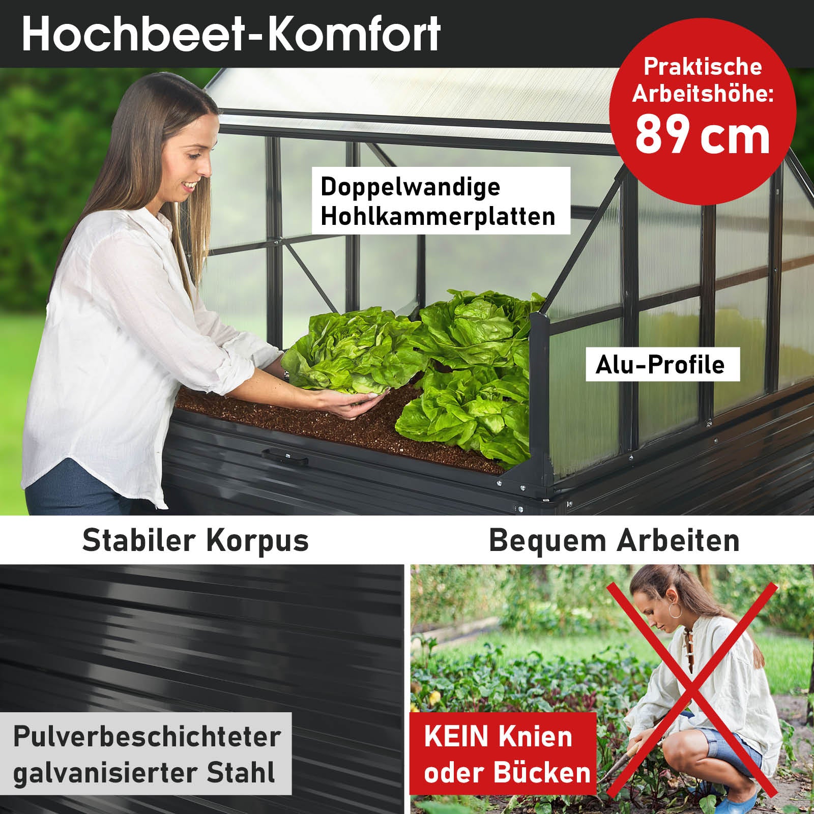 Aluminium Gewächshaus Treibhaus mit Hochbeet und Gewächshaus-Aufsatz, begehbares Gewächshaus für Garten mit stabilem.
