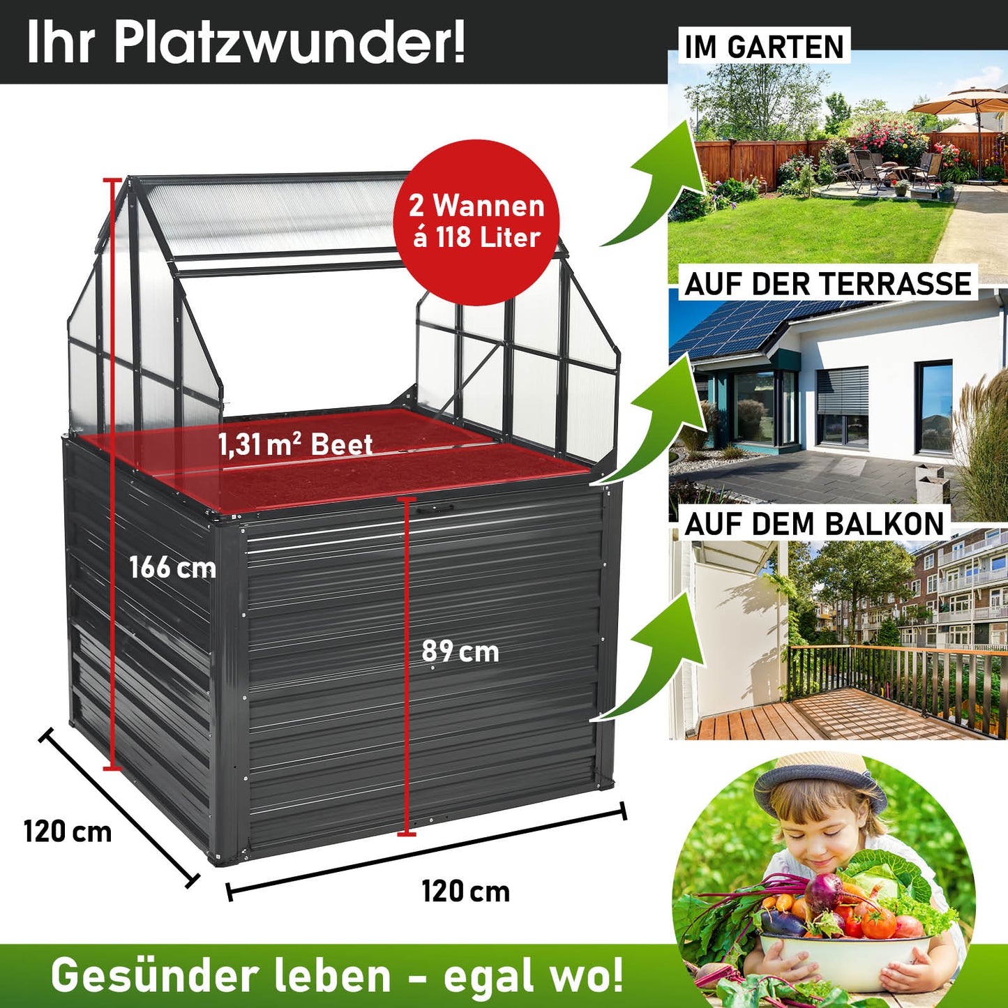 Aluminium Gewächshaus Treibhaus mit Hochbeet, begehbares, windsicheres Gewächshaus für Garten mit Fundament, 166 cm hoch.