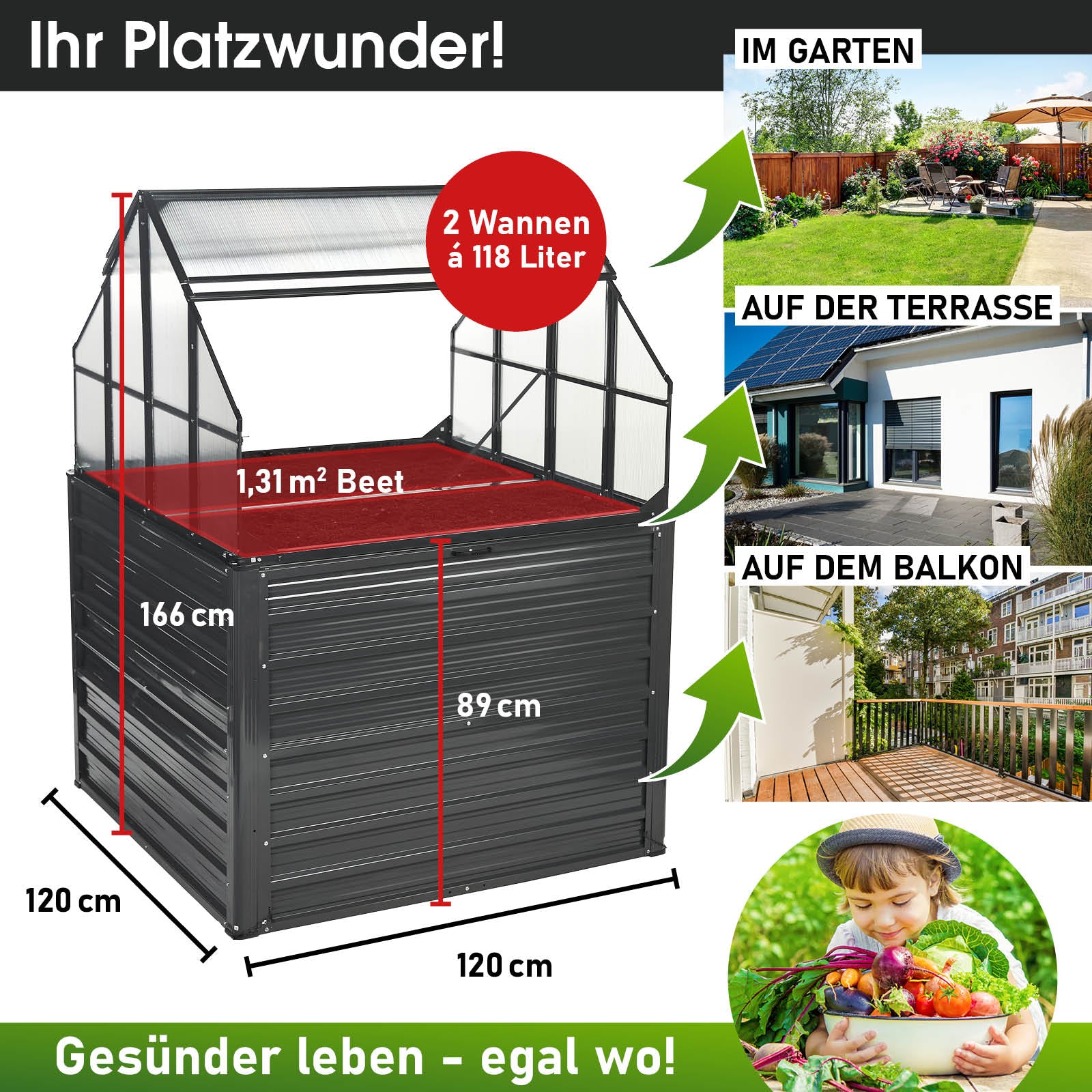 Aluminium Gewächshaus Treibhaus mit Hochbeet, begehbares, windsicheres Gewächshaus für Garten mit Fundament, 166 cm hoch.