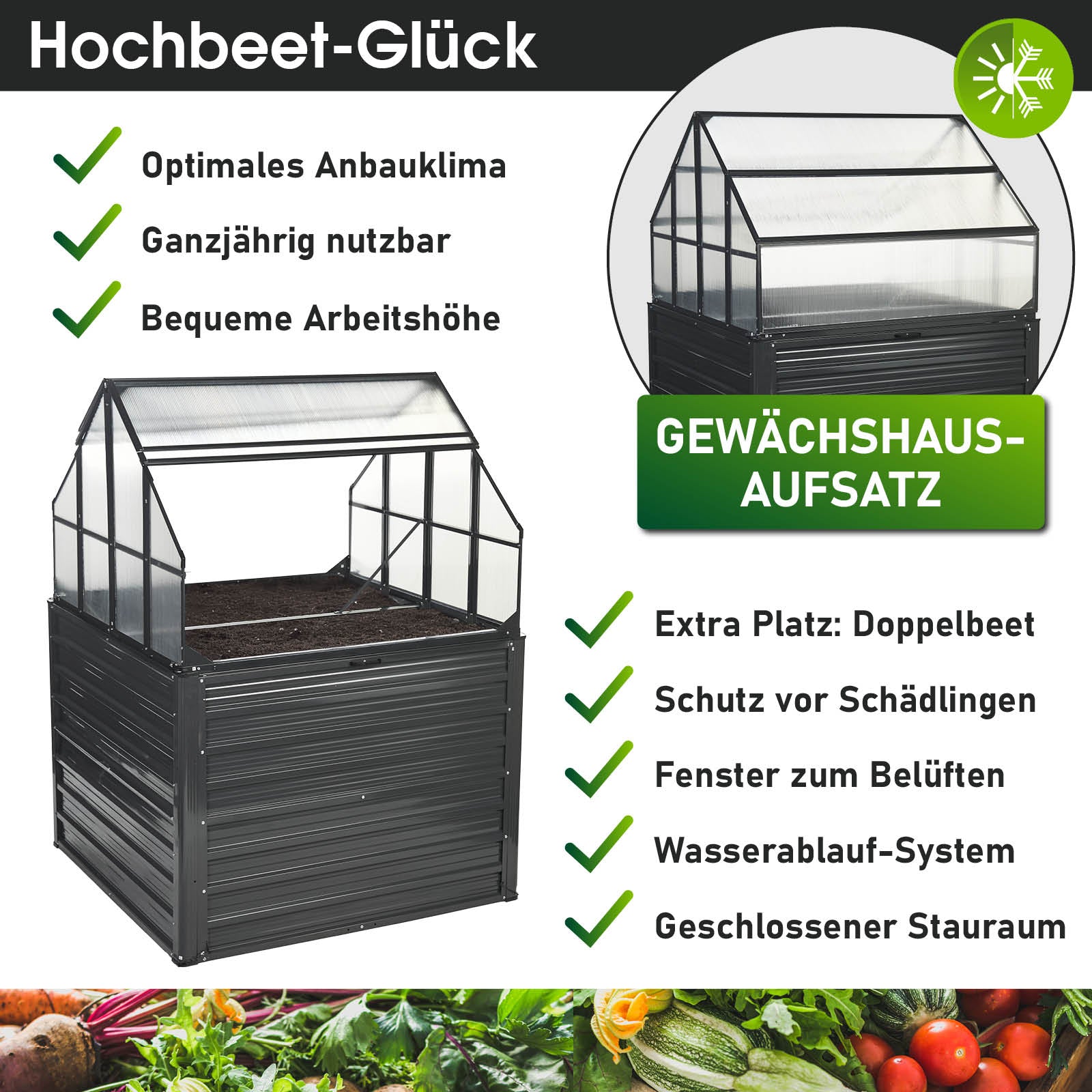 Aluminium Gewächshaus 2in1 Hochbeet mit Fundament, windsicheres begehbares Gewächshaus für Garten.
