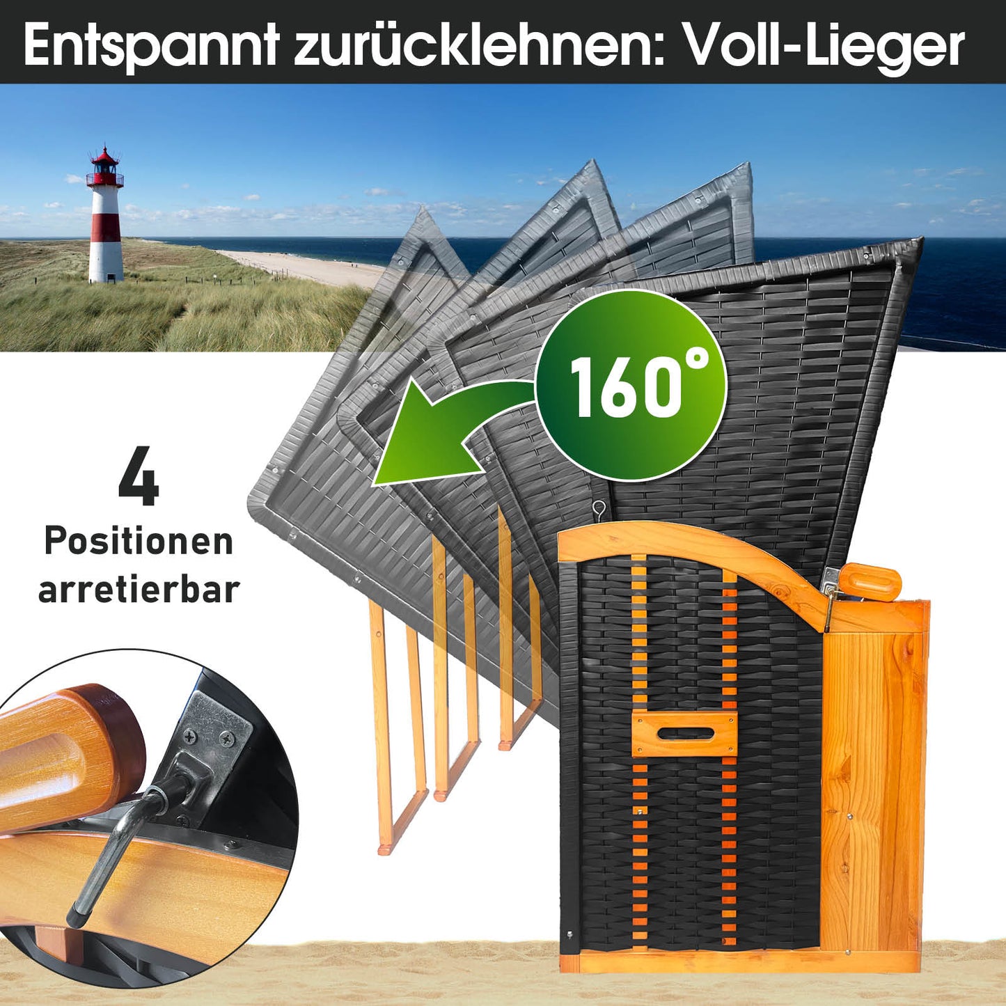 Wetterfester Strandkorb Ostsee XL 3-Sitzer mit blau-weiß gestreiftem Bezug, Voll-Lieger-Funktion, wetterfester Strandkorb.