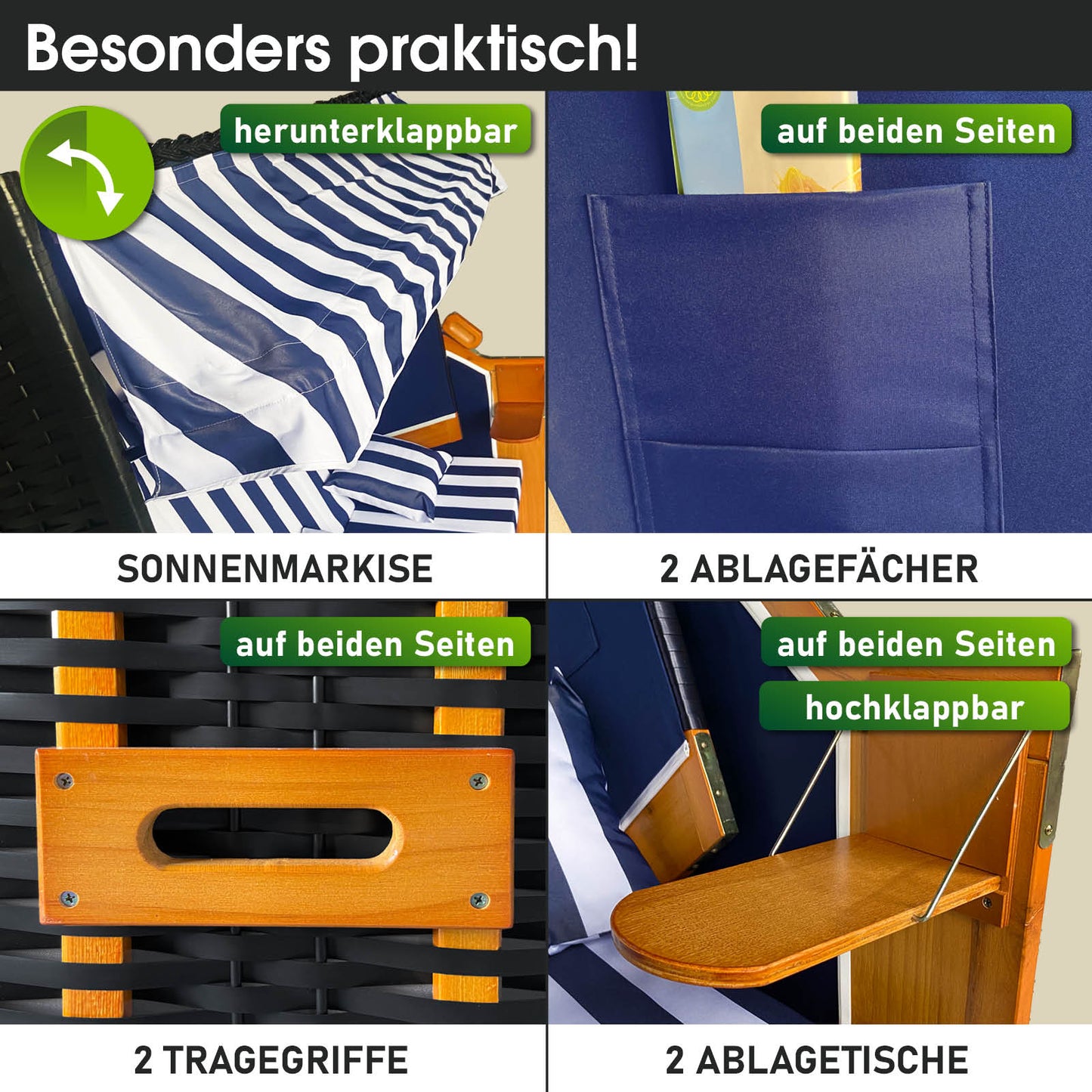 Blauer und weiß gestreifter XL Strandkorb Ostsee mit wetterfestem Stoff, klappbarer Sonnenmarkise und zwei Ablagetischen,.