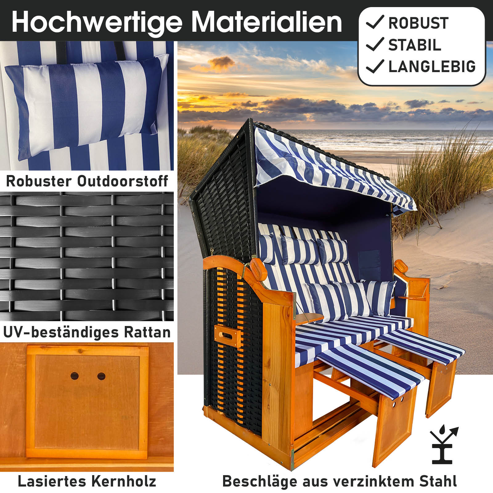 XL Strandkorb Ostsee 3-Sitzer mit blau-weiß gestreiftem wetterfestem Bezug, UV-beständiger Rattan und lasiertem Holz, ideal.