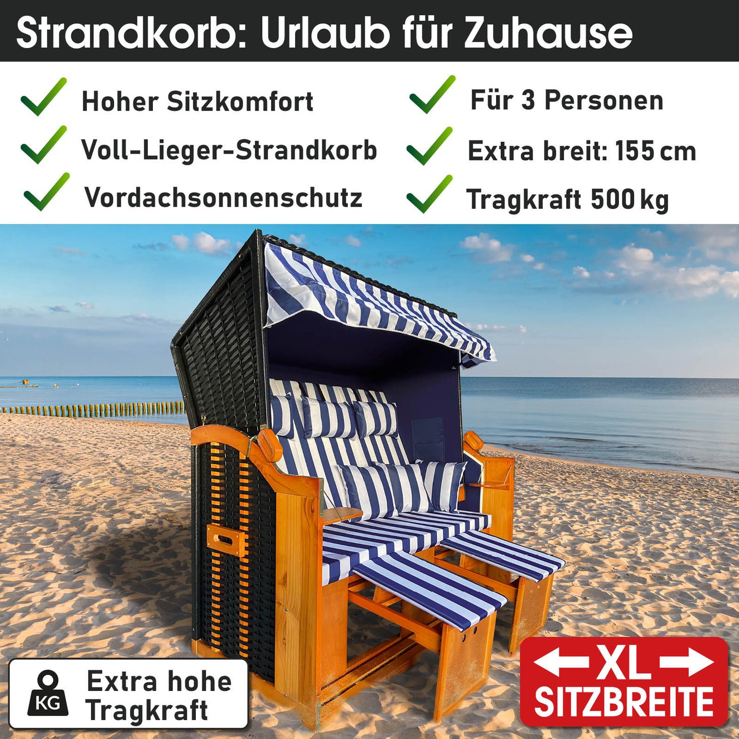 XL Strandkorb 3-Sitzer Ostsee blau-weiß gestreift, wetterfest, mit Vordach und Fußablage, Balkon- und Nordsee-tauglich.