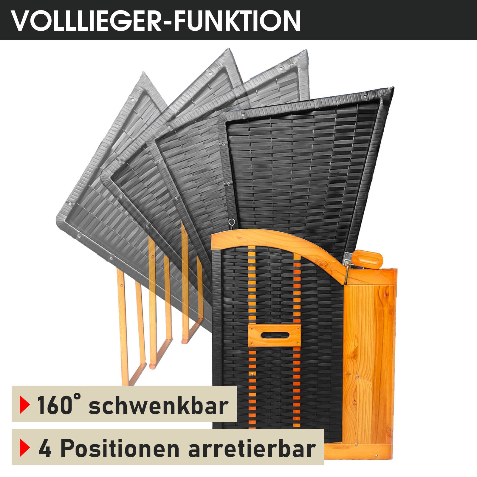 Wetterfester Strandkorb Ostsee mit 160° schwenkbarer Vollliegen-Funktion, 4-arretierbar.