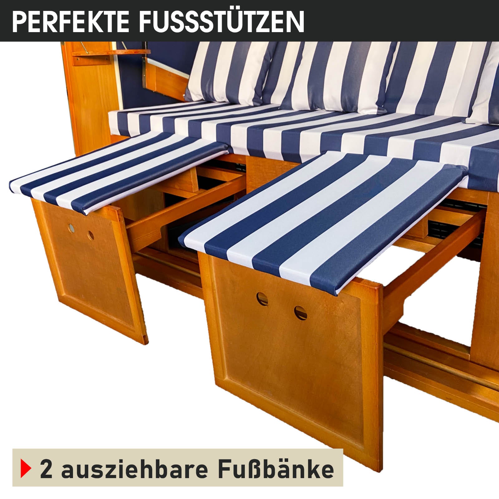 XL Strandkorb Ostsee 3-Sitzer mit blau-weiß gestreiften, wetterfesten Polstern und ausziehbaren Fußbänken.