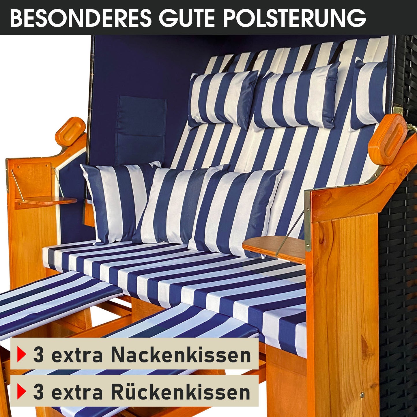XL Strandkorb Ostsee blau-weiß gestreift mit wetterfester Polsterung, extra Nacken- und Rückenkissen, ideal als Strandkorb.