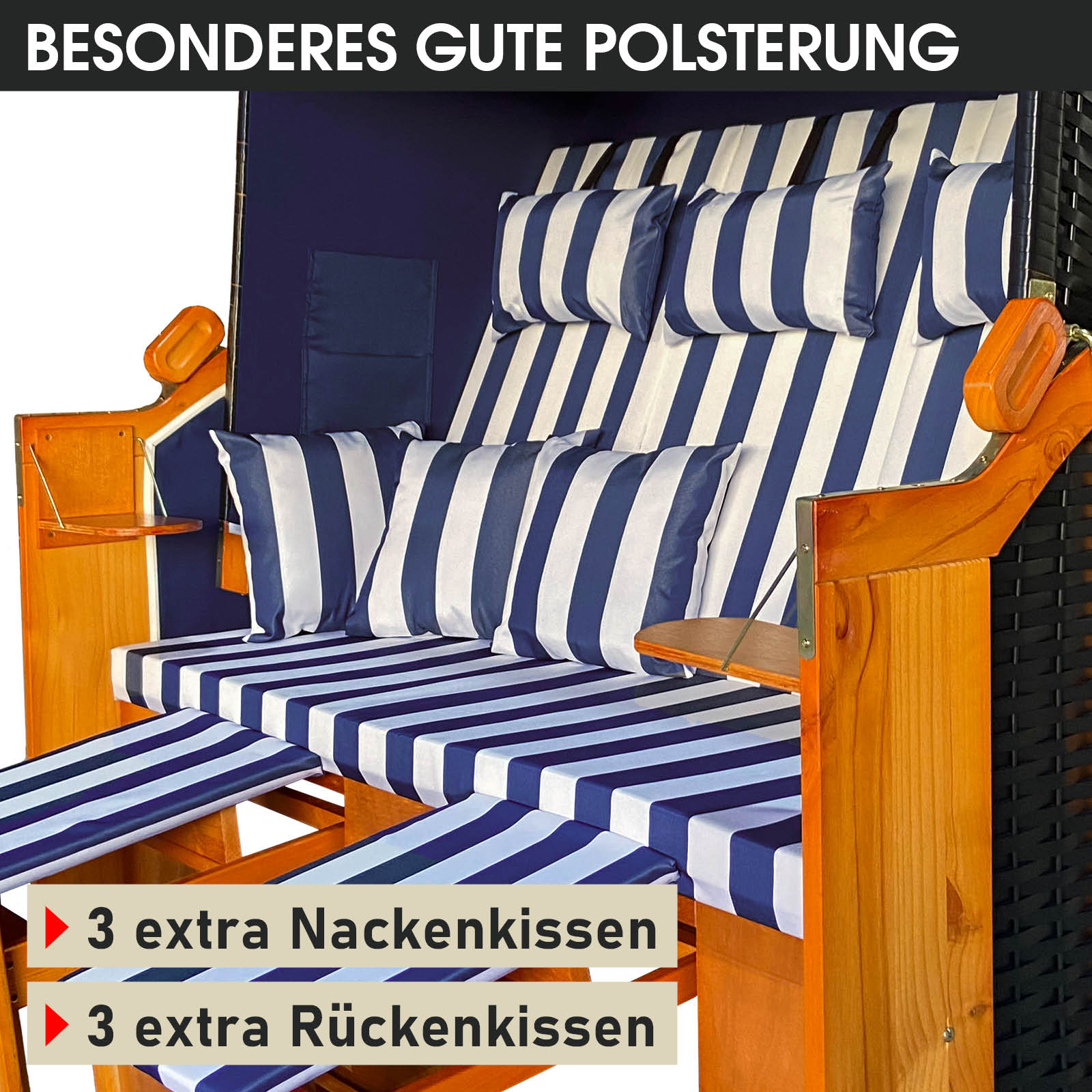 XL Strandkorb Ostsee blau-weiß gestreift mit wetterfester Polsterung, extra Nacken- und Rückenkissen, ideal als Strandkorb.