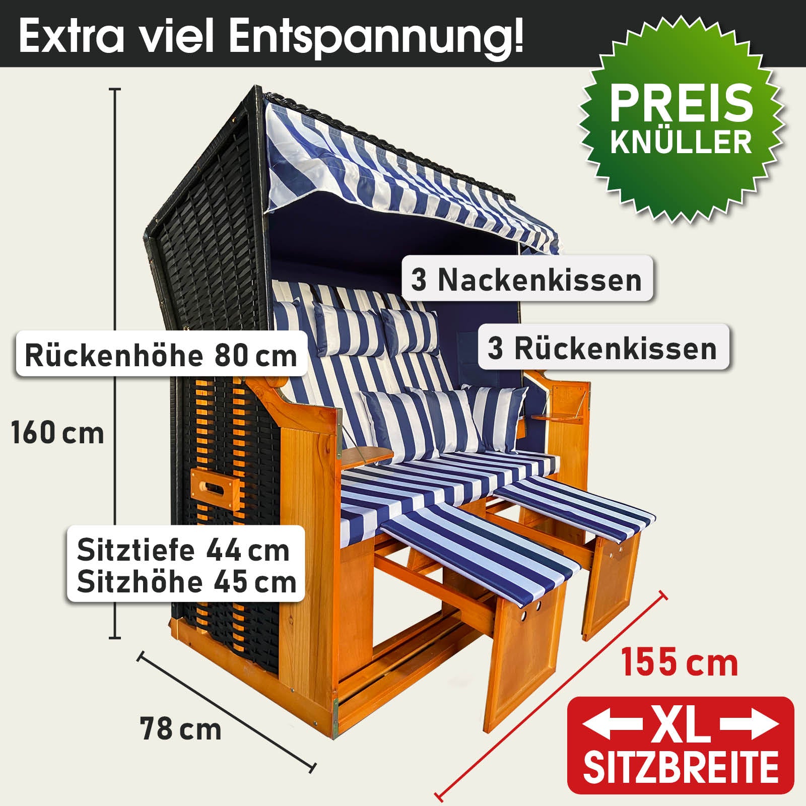 XL Strandkorb Ostsee 3-Sitzer blau-weiß gestreift, wetterfest mit verstellbarer Rückenlehne und Fußstütze, perfekt für.