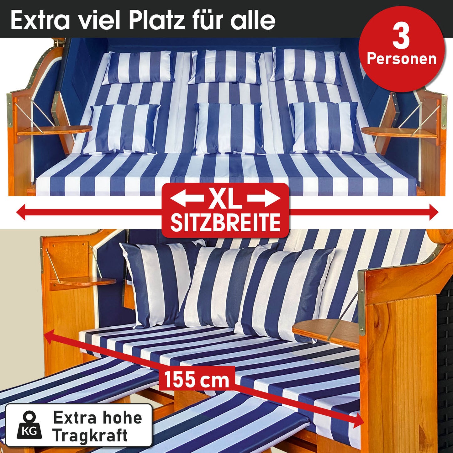 XL Strandkorb 3-Sitzer Ostsee blau-weiß gestreift, wetterfest, extra breite Sitzfläche 155 cm, Strandkorb Balkon Nordsee.