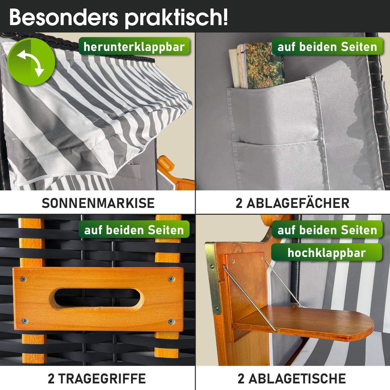 Grau-weißer Strandkorb Ostsee 3-Sitzer mit wetterfestem, klappbarem Sonnenschutz und zwei Ablagefächern beidseitig, ideal.