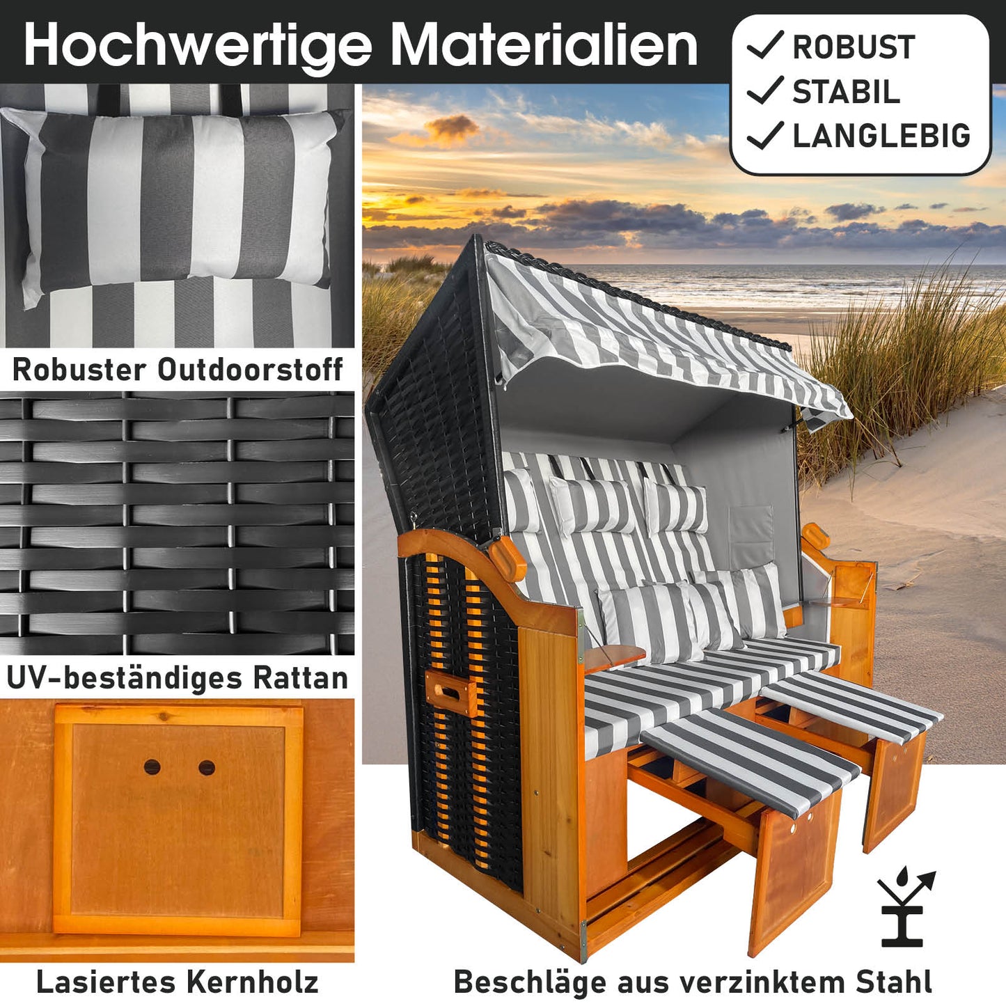 XL Strandkorb Ostsee 3-Sitzer in grau-weiß gestreift, wetterfest, mit UV-beständigem Rattan und lasiertem Kernholz, ideal.
