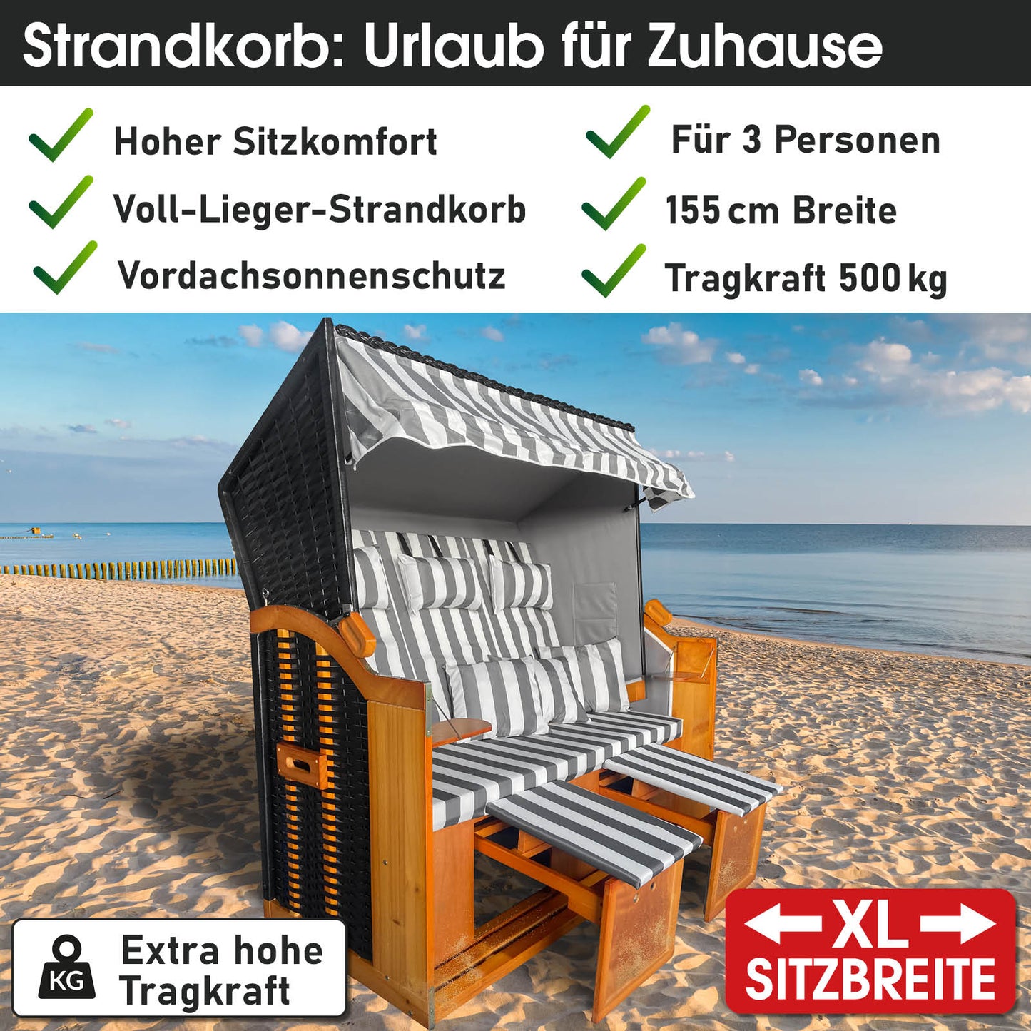 XL Strandkorb Ostsee 3-Sitzer in grau-weiß gestreift, wetterfest, für Balkon und Strand.