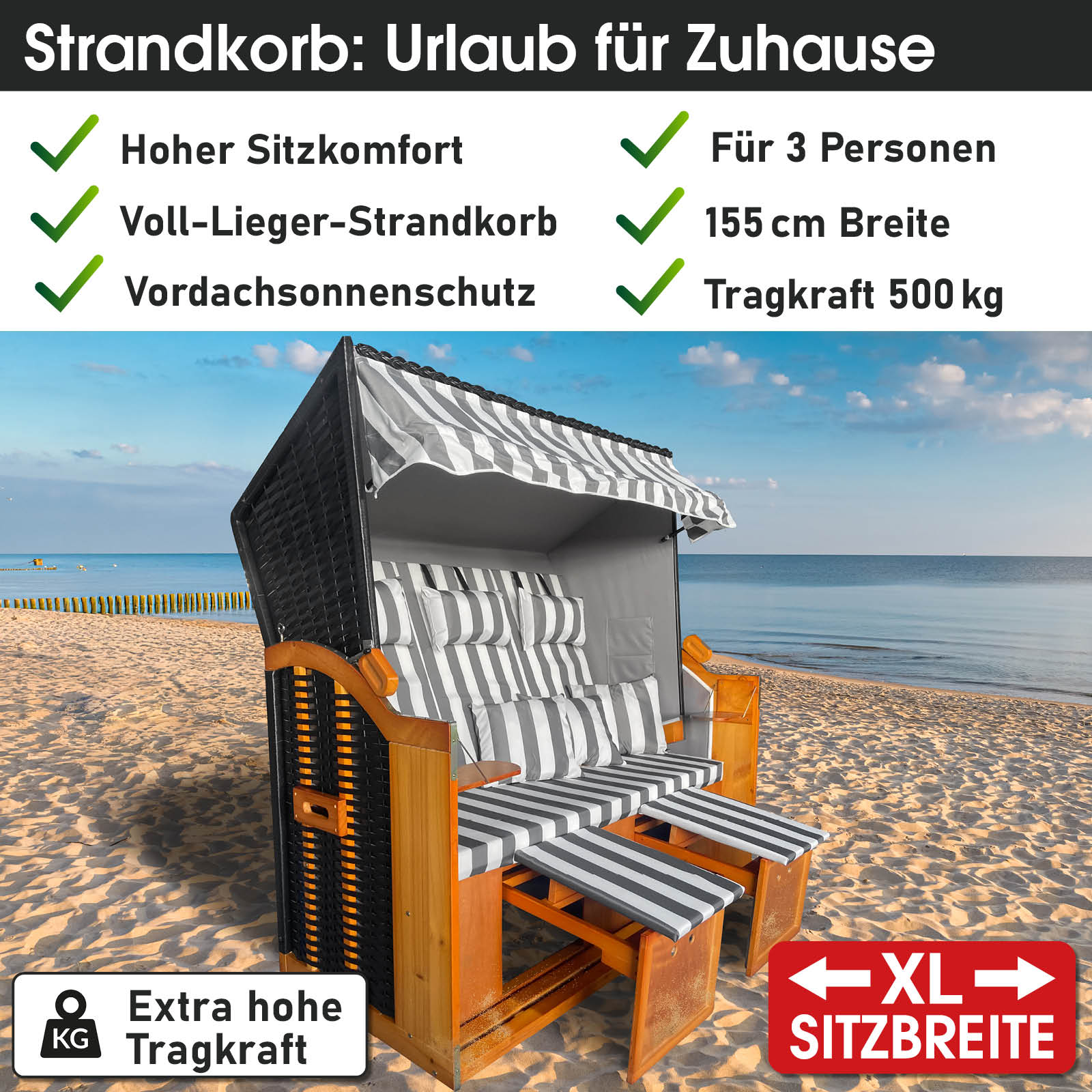 XL Strandkorb Ostsee 3-Sitzer in grau-weiß gestreift, wetterfest, für Balkon und Strand.