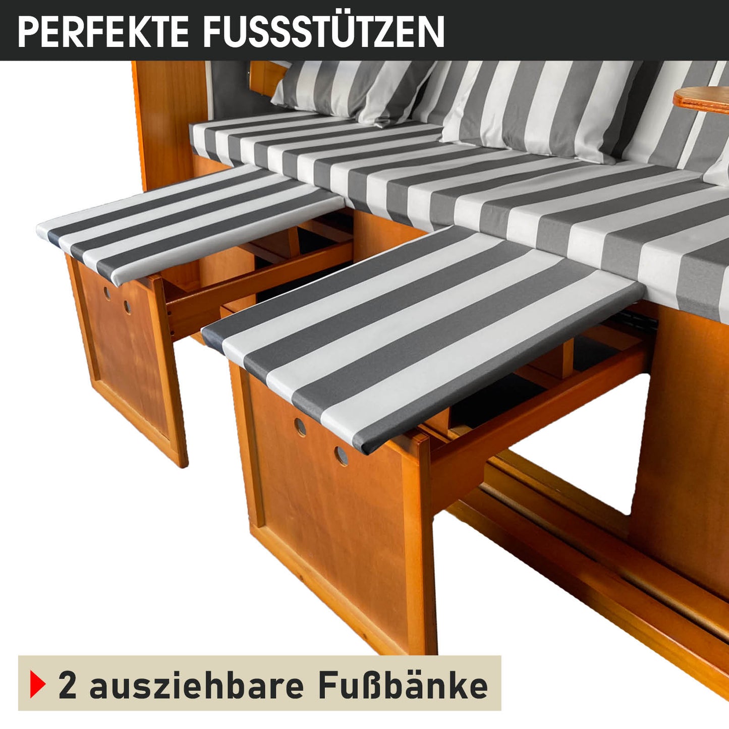 XL Strandkorb Ostsee 3-Sitzer mit grau-weiß gestreiften, wetterfesten Polstern und ausziehbaren Fußbänken, ideal für Balkon.