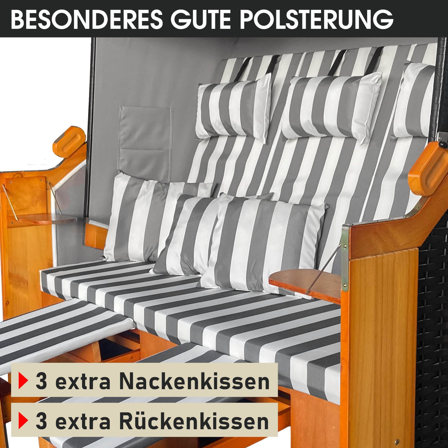 XL Strandkorb Ostsee 3-Sitzer mit grau-weiß gestreiftem Polster, wetterfest für Balkon und Nordsee.
