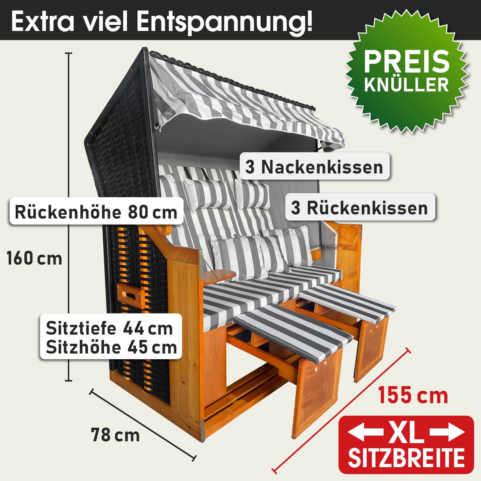 XL Strandkorb Ostsee 3-Sitzer grau-weiß gestreift, wetterfest, mit Polstern, für Balkon und Nordsee.