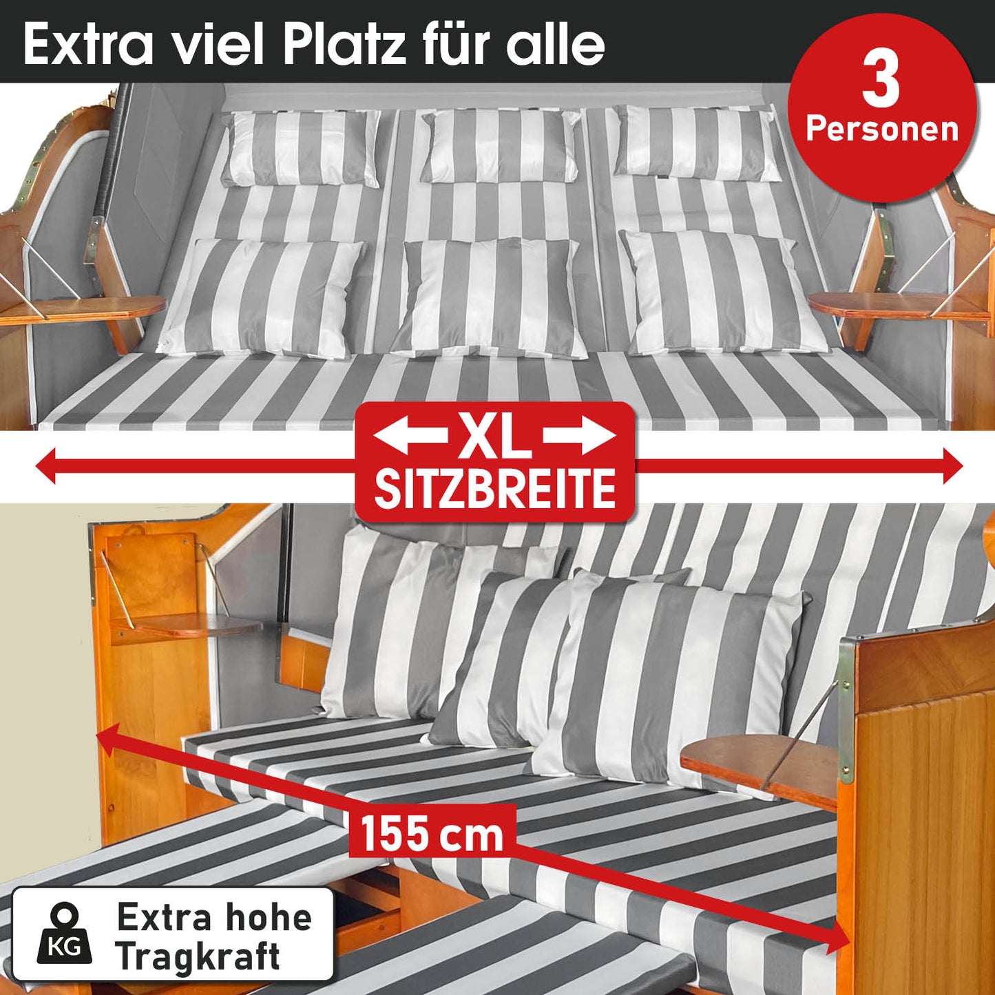 Großer XL Strandkorb Ostsee 3-Sitzer mit grau-weiß gestreiftem wetterfestem Bezug, 155 cm Sitzbreite, ideal für Balkon und.
