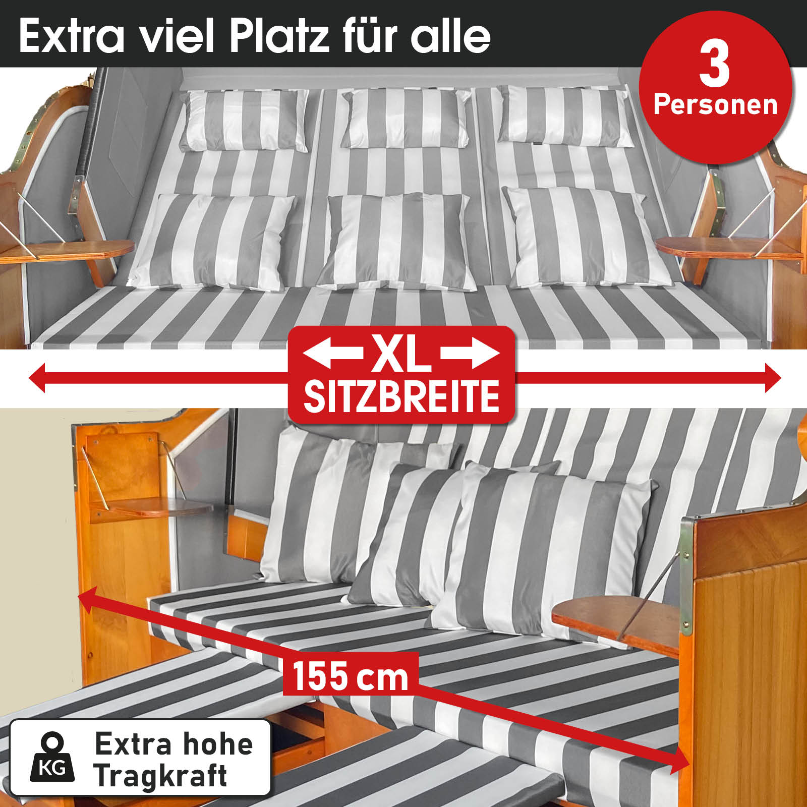 Großer XL Strandkorb Ostsee 3-Sitzer mit grau-weiß gestreiftem wetterfestem Bezug, 155 cm Sitzbreite, ideal für Balkon und.