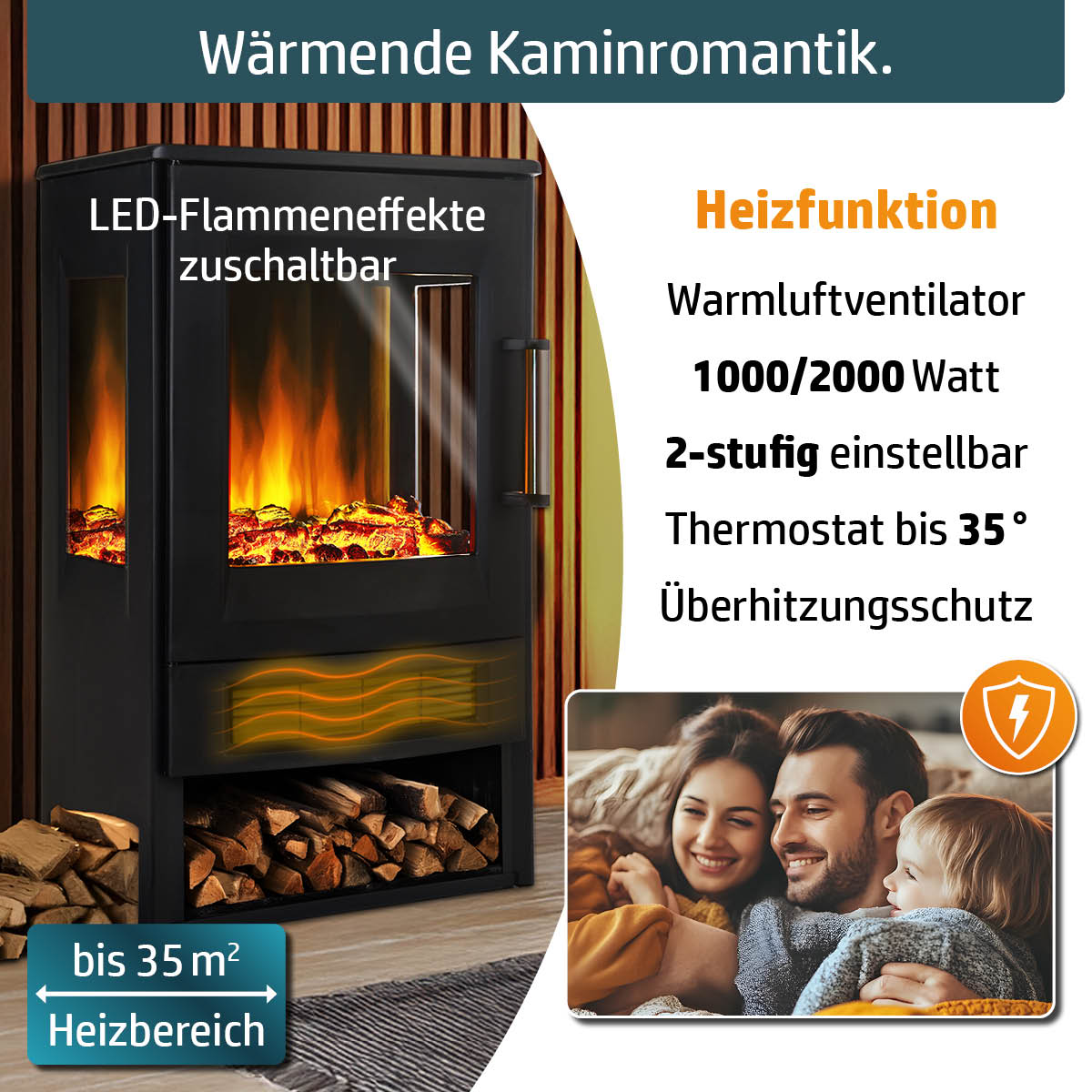Elektro Kamin mit Heizfunktion in zwei Stufen und Thermostat bis 35°