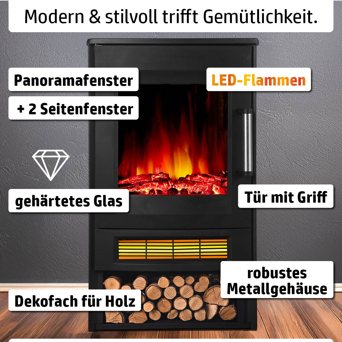 Elektrischer Kaminofen mit Panoramafenster, LED-Flammeneffekt und Dekofach für Holz in einem robusten Metallgehäuse