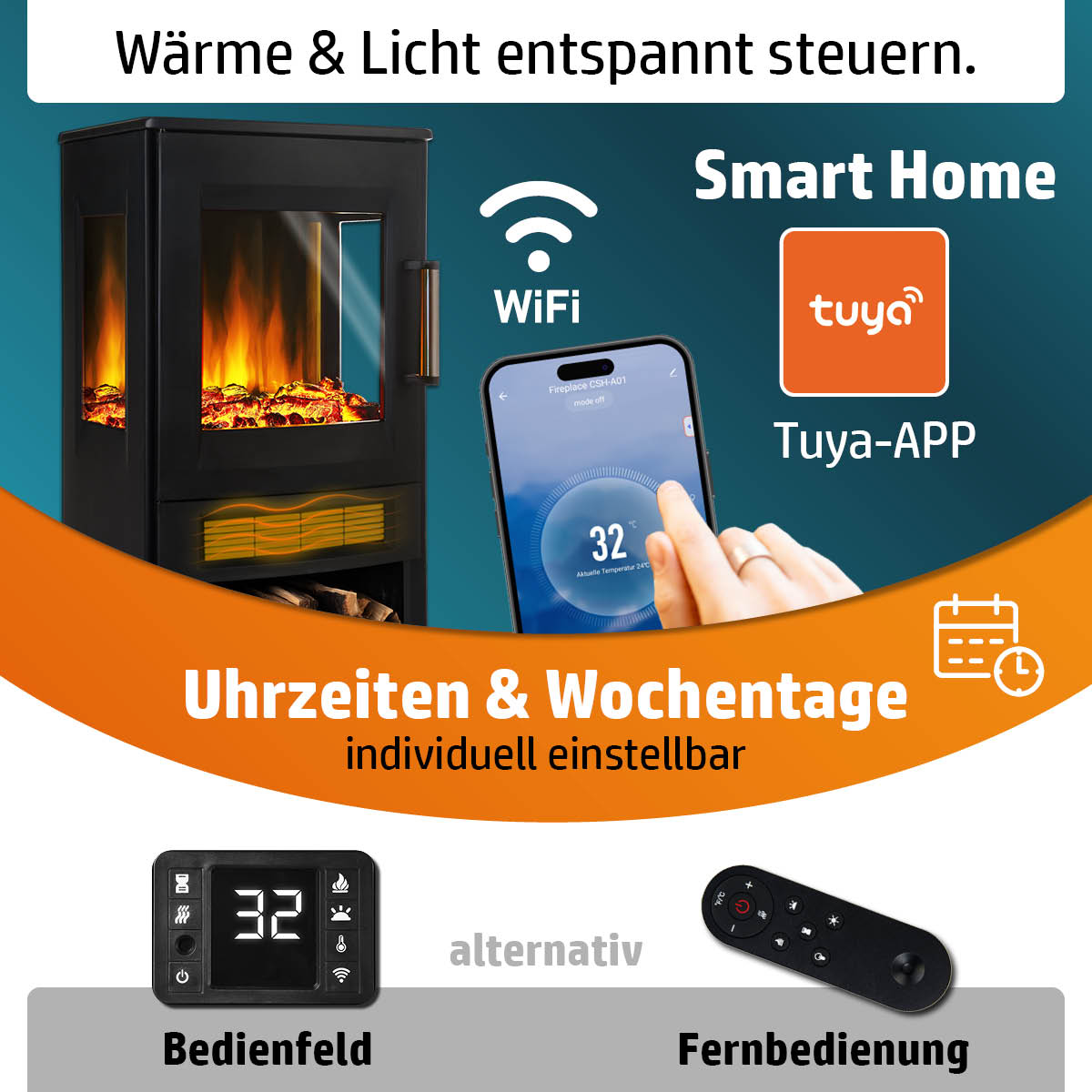 Kaminofen elektrisch mit Steuerung am Bedienfeld, Fernbedienung oder Smart-Home Tuya-App am Smartphone