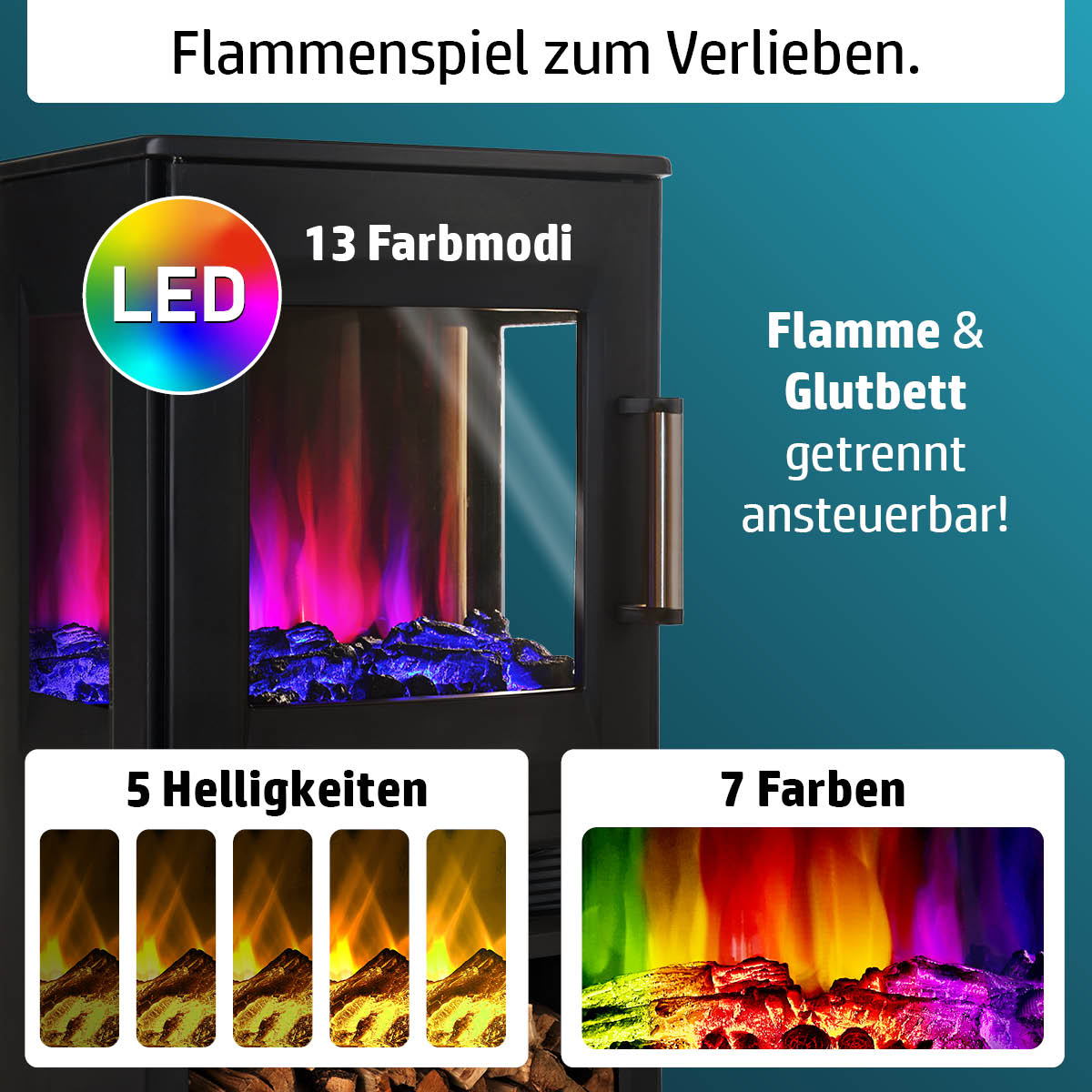 Elektro Kamin mit LED-Flammenspiel mit 7 Farben und 5 Helligkeitsstufen