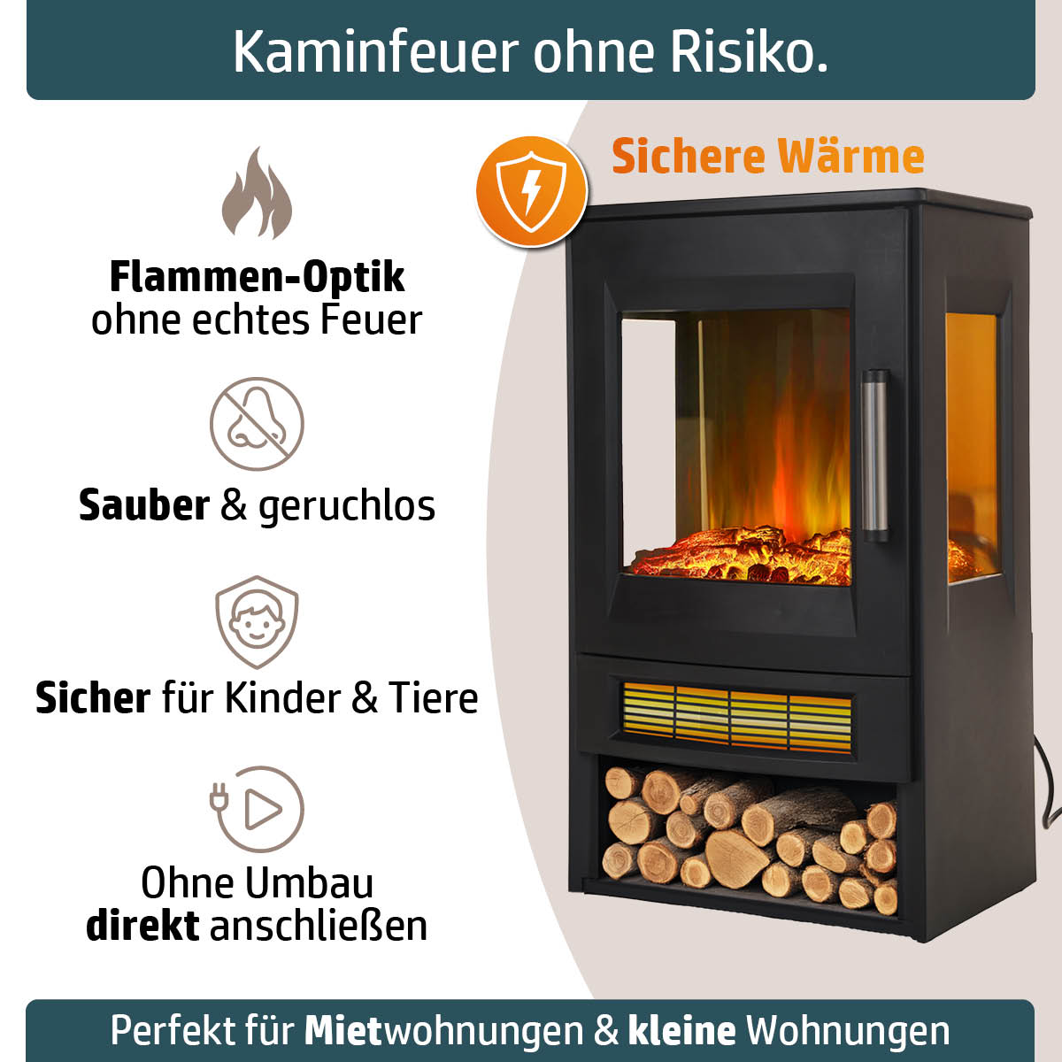 Kaminofen mit Flammen-Optik, ohne echtes Feuer, sauber und sicher für Kinder und Haustiere