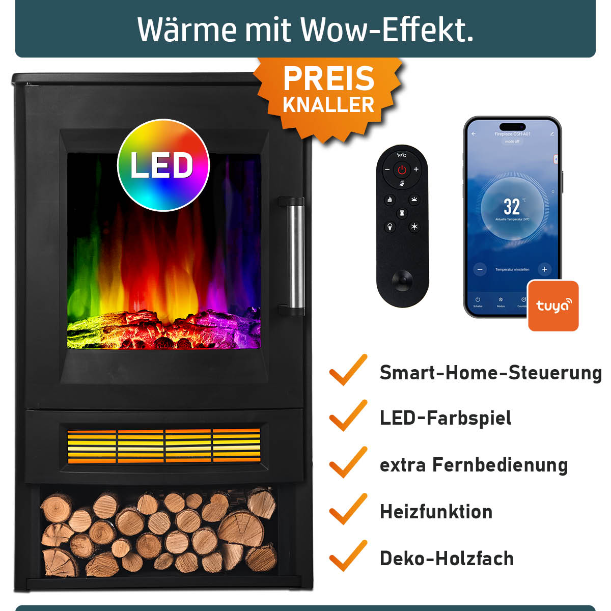 Elektrokamin mit Smart-Home Steuerung, LED-Farbspiel. extra Fernbedienung, Heizfunktion und Deko-Holzfach