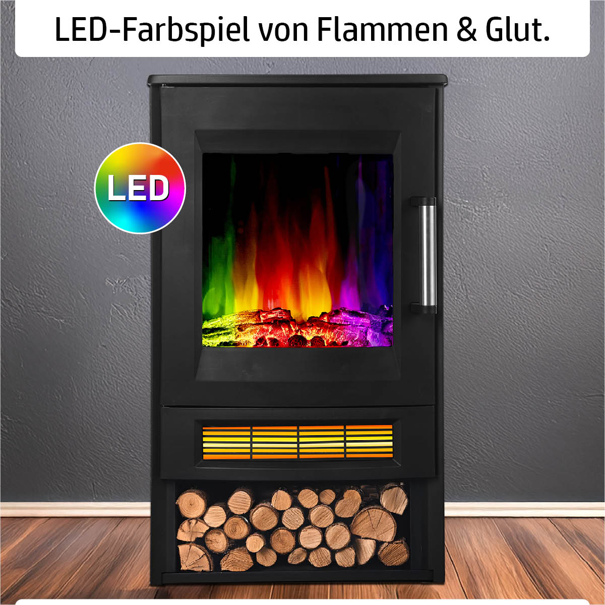Elektrokamin mit LED-Farbspiel von Flammen und Glut