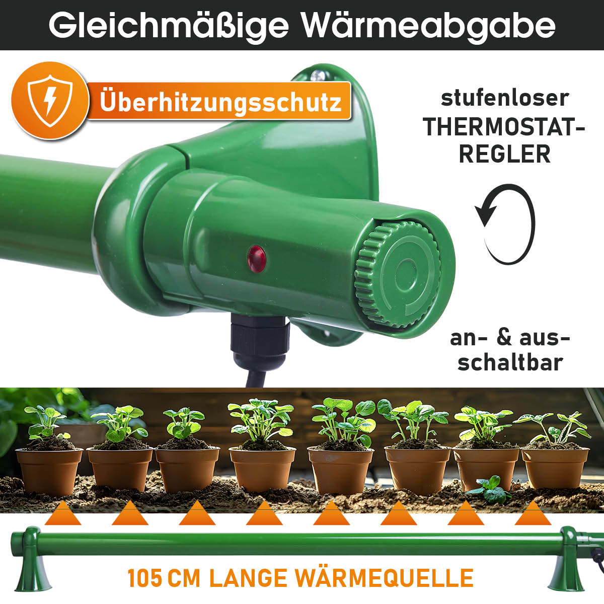 Heizung als Frostwächter für Gewächshäuser mit praktischem stufenlosen Thermostatregler, integriertem Überhitzungsschutz und einer Länge von 105cm
